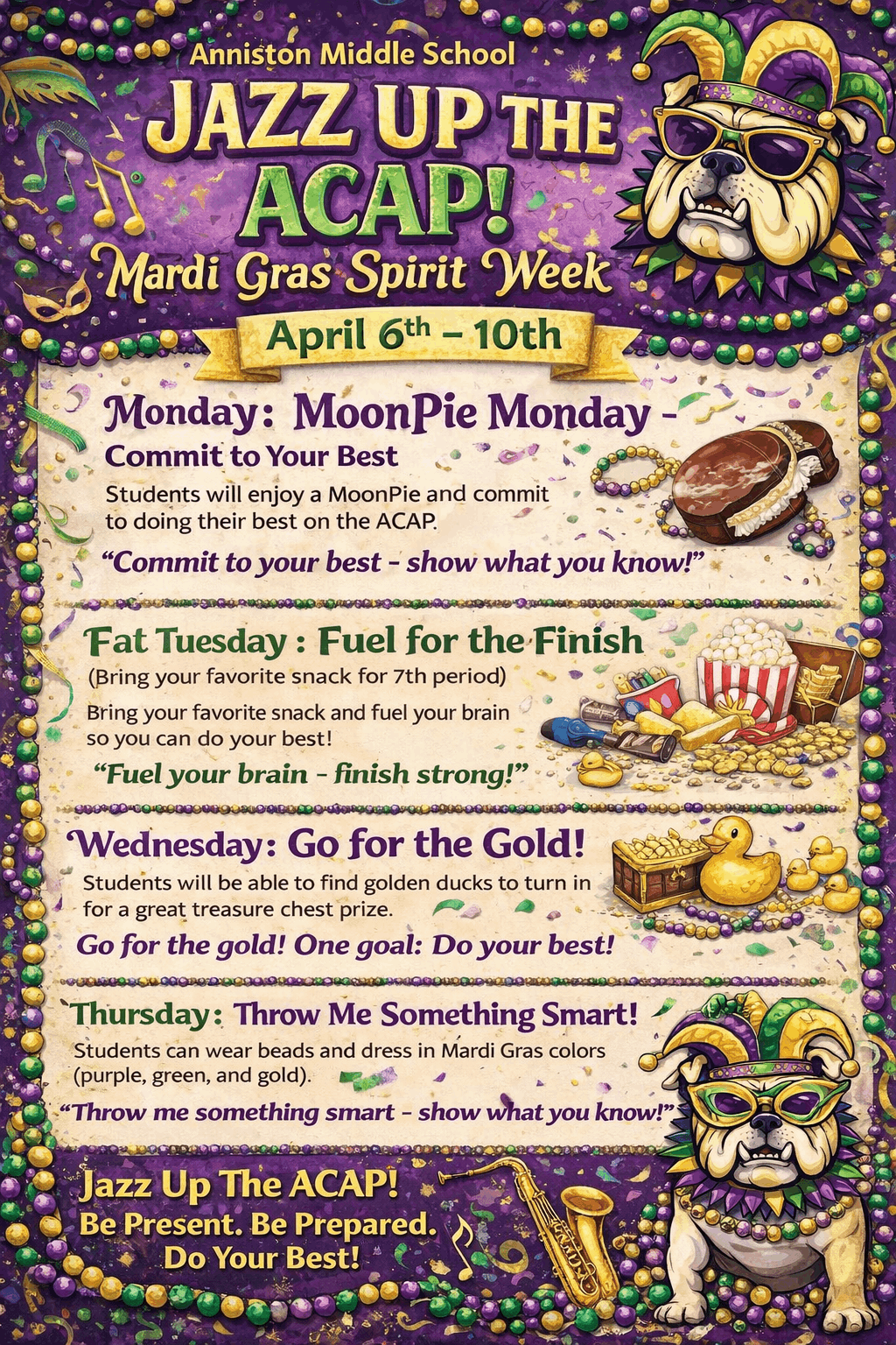 Flyer for Activities for Mardi Gras Spirit Week